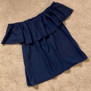 Navy blue off the shoulder top w/ ruffle overlay